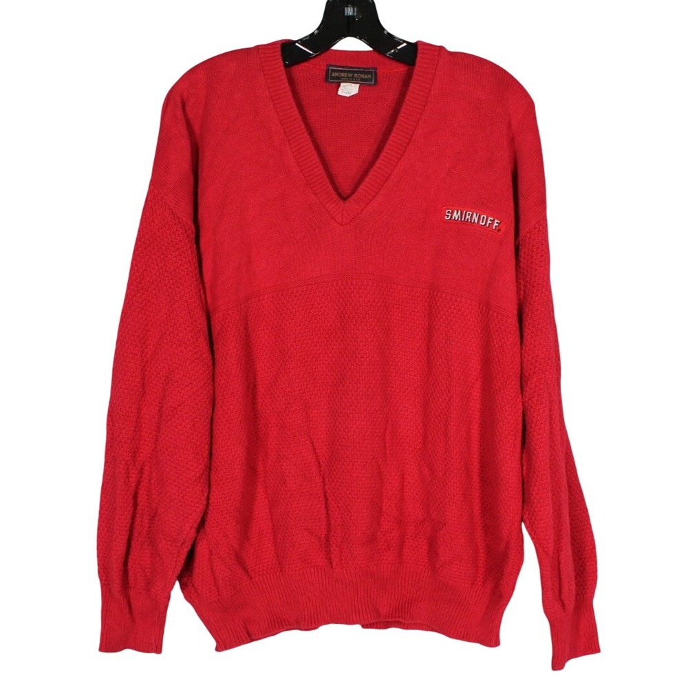 VTG ANDREW ROHAN Men's MID-WEIGHT Red SMIRNOFF LOGO V-Neck KNIT SWEATER Sz XL